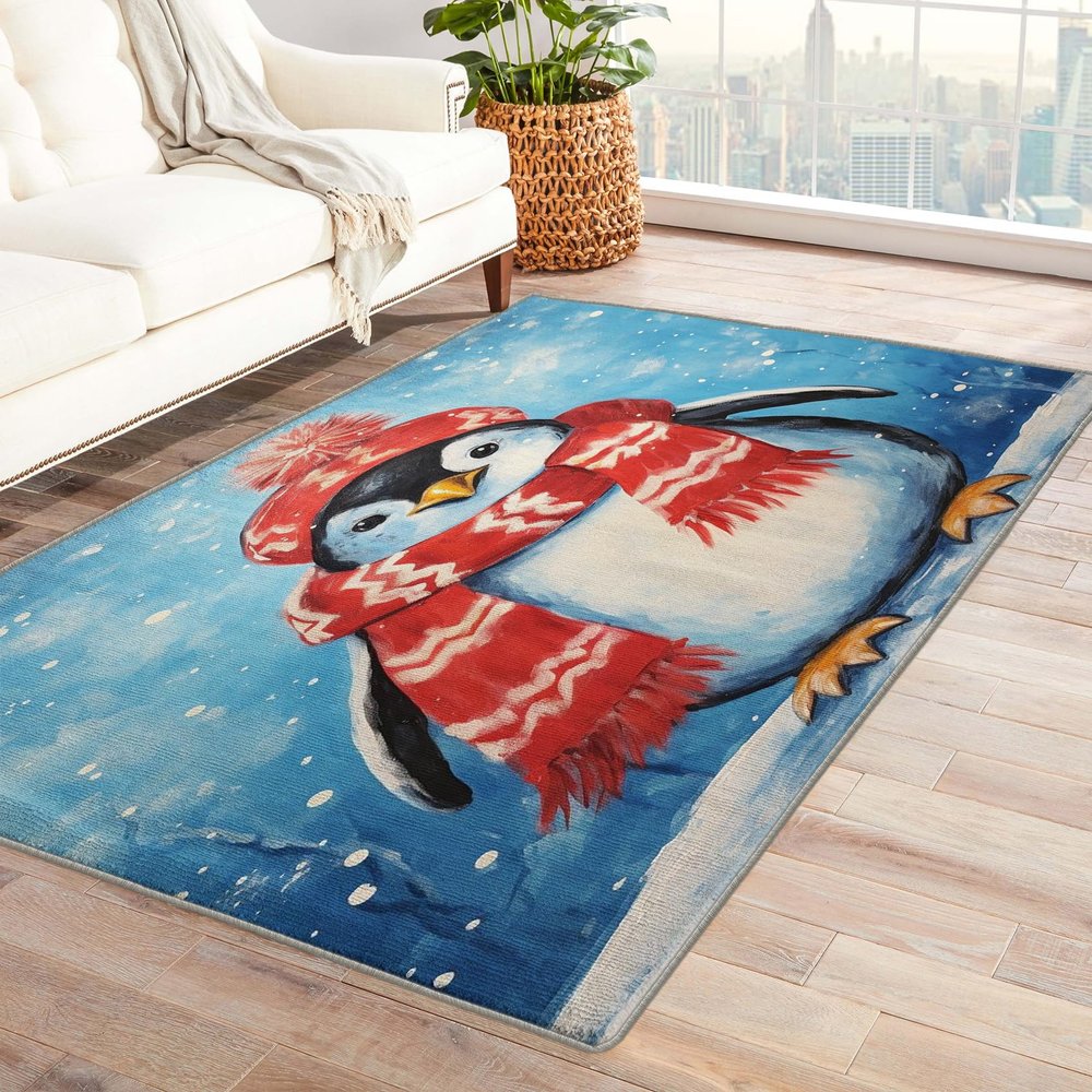 Christmas Penguin Rug & Home Decor - 3x5 Rug, Christmas Animal Rugs for Living Room Bedroom, Xmas Carpet, Washable Non Slip Soft Low Pile Indoor Area Rug & Room Decor