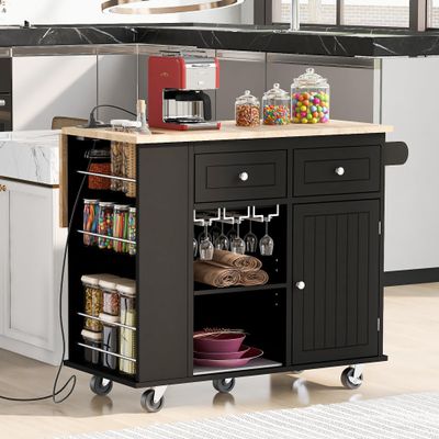 Royard Oaktree Kitchen Island with Drop-Leaf Countertop and Power Outlet, Mobile Kitchen Cart with Cabinet, Drawers, Open Shelves, Wood Storage Rolling Trolley on Wheels with Wine Rack, Black