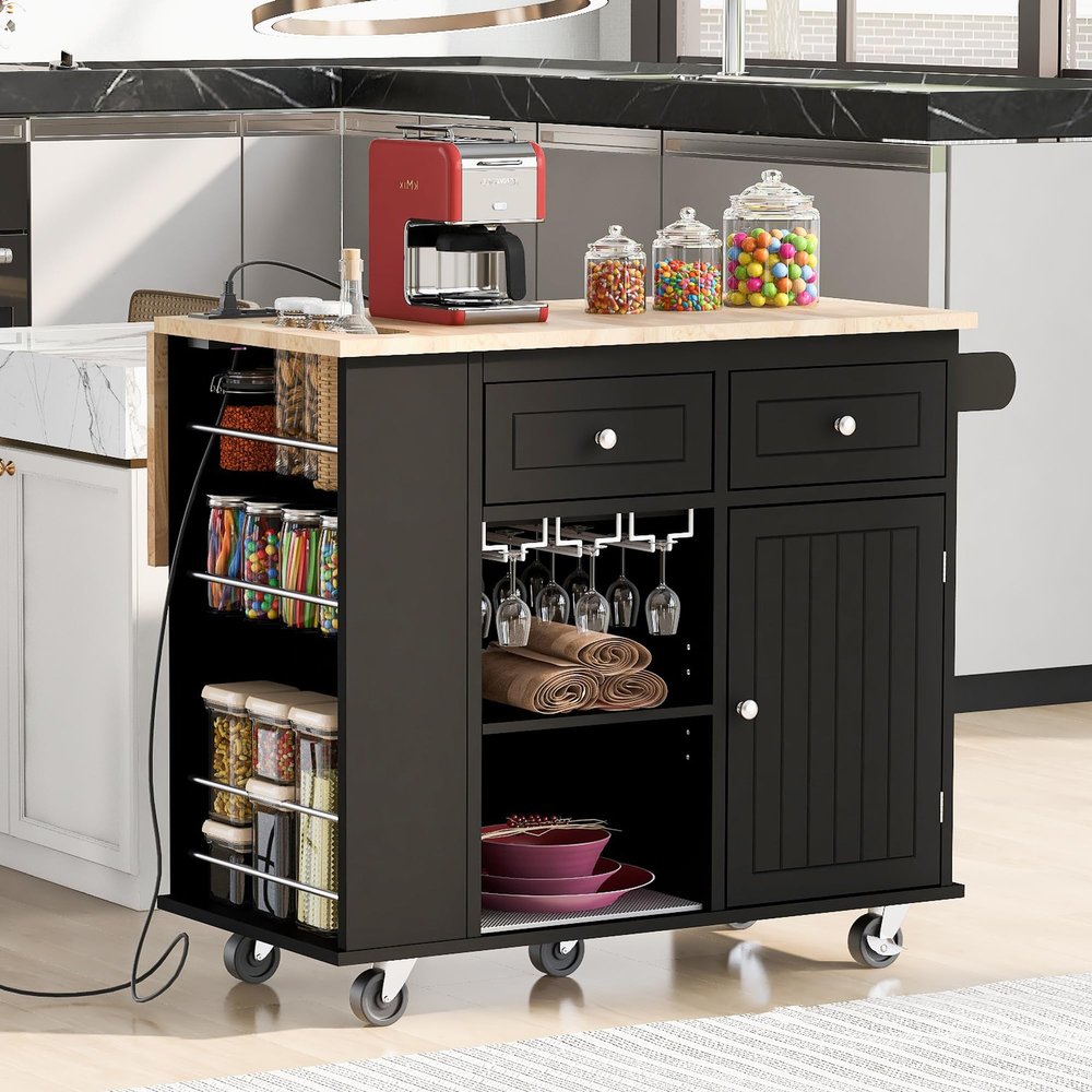 Royard Oaktree Kitchen Island with Drop-Leaf Countertop and Power Outlet, Mobile Kitchen Cart with Cabinet, Drawers, Open Shelves, Wood Storage Rolling Trolley on Wheels with Wine Rack, Black