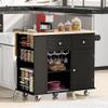 Royard Oaktree Kitchen Island with Drop-Leaf Countertop and Power Outlet, Mobile Kitchen Cart with Cabinet, Drawers, Open Shelves, Wood Storage Rolling Trolley on Wheels with Wine Rack, Black view 1