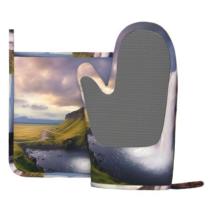 Silicone Oven Mitts and Potholders Set, 500F Heat Resistance Kitchen Oven Gloves and Pot Pads Set of 2, Sky and Waterfall Landscape Non-Slip Hot Pads for Cooking, BBQ, Baking