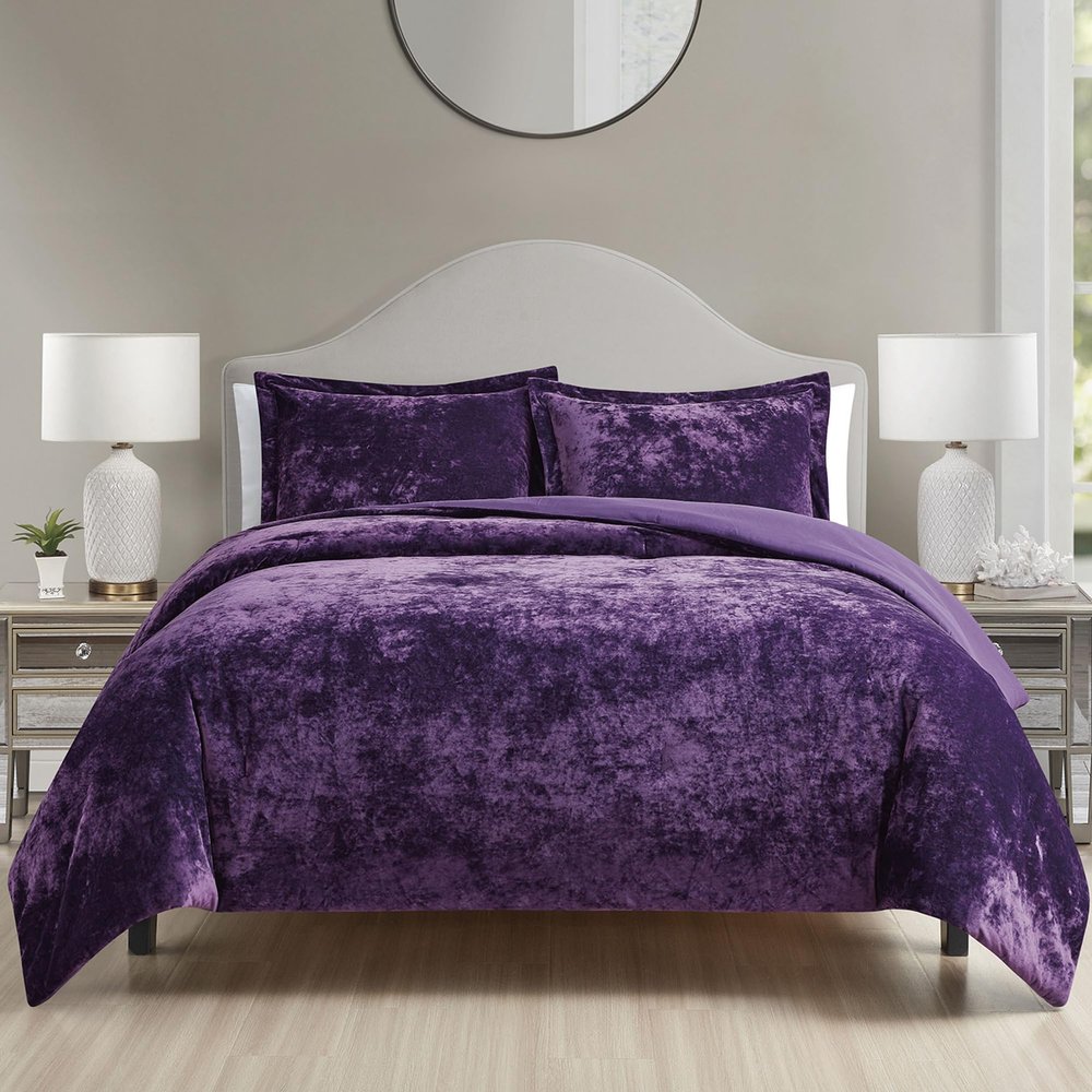 HUMESIIL Luxury Velvet Queen Comforter Set, 3 Pieces Reversible Comforters Queen Size with 2 Pillow Shams, Brushed Solid Microfiber Back, All Season Cozy, Soft, Warm, Lightweight (Purple90x90 Inch)