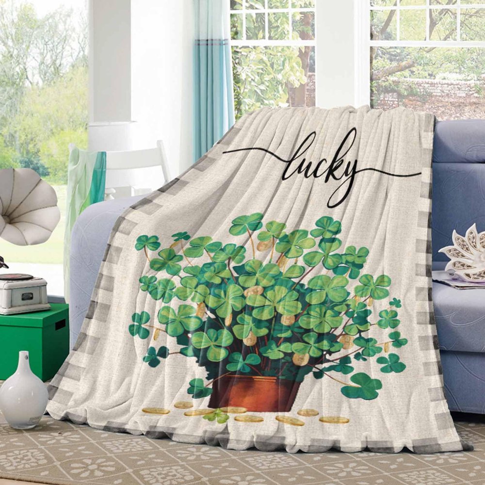 Flannel Throw Blanket Lucky in Love Clover St. Patrick's Day,Lightweight Soft Warm Fleece Blankets for Sofa Couch,Green Bow on Vintage Linen Cozy Fuzzy Microfiber Throws for All Seasons 40x50in