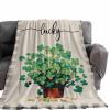 Flannel Throw Blanket Lucky in Love Clover St. Patrick's Day,Lightweight Soft Warm Fleece Blankets for Sofa Couch,Green Bow on Vintage Linen Cozy Fuzzy Microfiber Throws for All Seasons 40x50in view 2