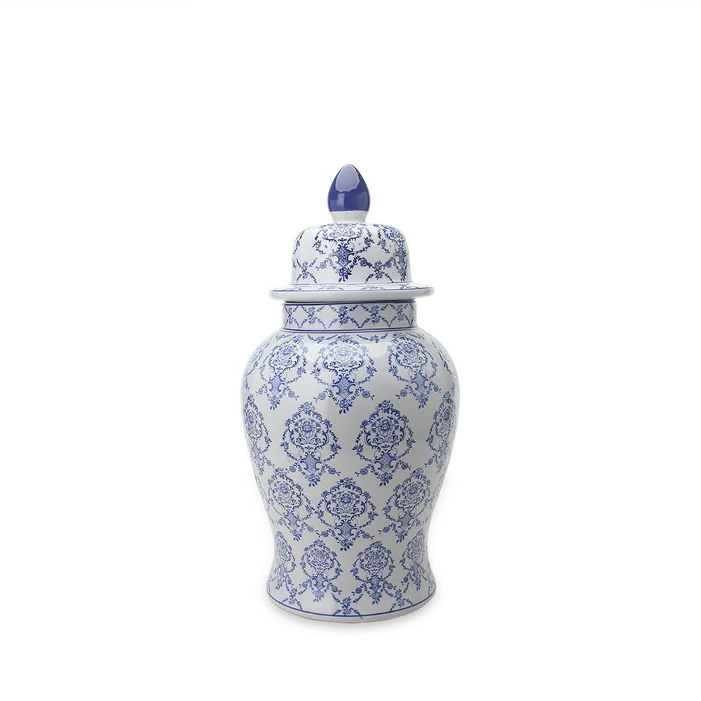 HUHJYUGE Blue and White Ginger Jar, Ceramic Chinoiserie Decorative Jars for Home, Office, Flower Vase Pocelain, Glossy Vase for Table, Living Room, Bookshelf, Centerpieces (34x65cm)