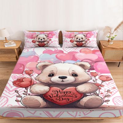 Cal King Fitted Bed Sheet Deep Pocket,Valentine's Day Love Balloons Bedding Sheet Soft Brushed Fitted Sheets,Cute Bear Dolls Hotel Luxury Fitted Bottom Sheet with Pillowcase Set