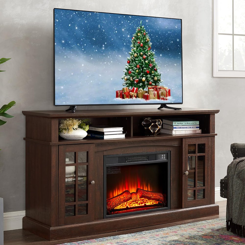 58" Farmhouse TV Stand with 23" Electric Fireplace Heater, Rustic Entertainment Center for TVs up to 65", Multi-Storage Cabinets, Stylish Home Decor for Cozy Living Rooms. (Espresso)