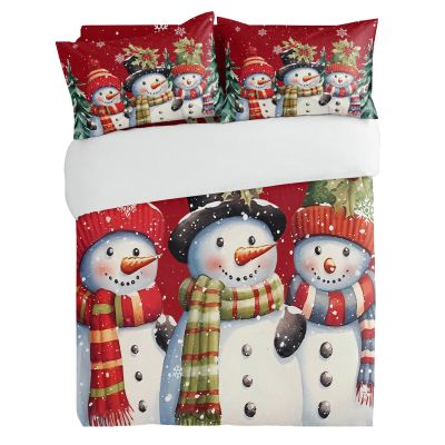 Alandar Home Duvet Cover Sets Christmas Three Snowmen,3 Piece Bed Set Ultra Soft Quilt Covers and Pillowcases,Winter Snowflakes on Red Microfiber Bedding Set for Bedroom Guest Room Dorm