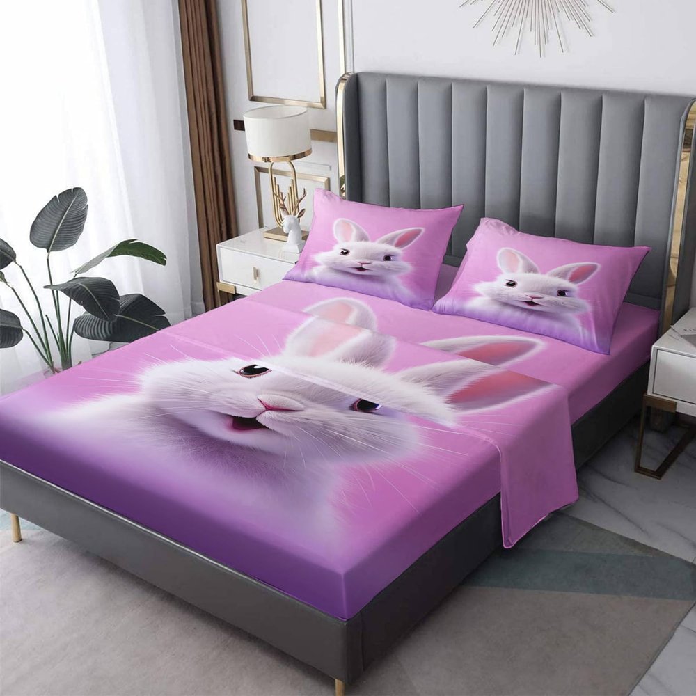 zcsm Bunny Sheets King Size - Cute Rabbit Bed Sheets, Soft Microfiber & Deep Pocket & Wrinkle Free Patterned Bedding Sheets & Pillowcases, 4 Piece (1 Fitted Sheet, 1 Flat Sheet, 2 Pillow Cases)