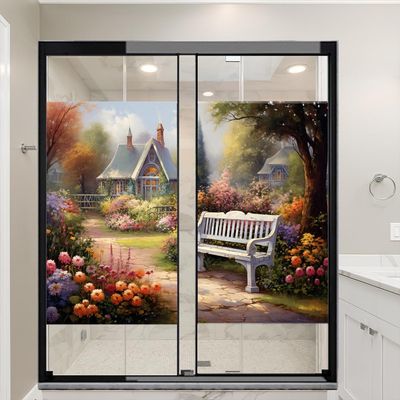 Dunmat Vintage Garden Window Film Heat Blocking Wild Flower Bench Rural Farmhouse Privacy Window Decor Glass Door Covering Self-Adhesive Window Film for Bathroom Kitchen 27.6Wx39.4L-inch x2 Pcs