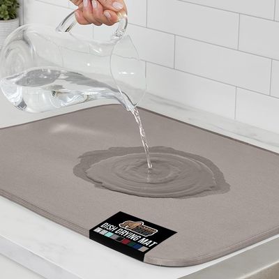 GORILLA GRIP Ultra Water Absorbent Microfiber Dish Drying Mat, 18x24, Quick Dry Thick Mesh, Slip Resistant Pad for Sink Dishes or Under Rack, Kitchen Counter Accessories, Machine Wash Mats, Almond