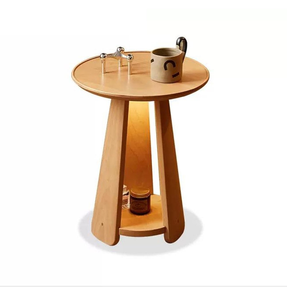 Rustic Side Table Wood End Table Side Table, Nightstand with Night Lights, Modern Bedside Table Night Stand for Bedroom, Round Small Coffee Table Tea Table with Storage Shelf for Living Room End Table