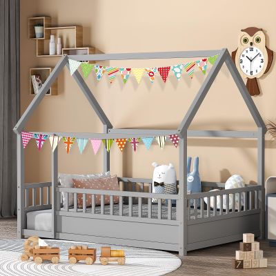 Zevemomo Twin House Bed for Kids, Wooden Montessori Bed with Fence and Roof for Toddlers, Kids Floor Bed Frame for Girls & Boys, Twin Grey