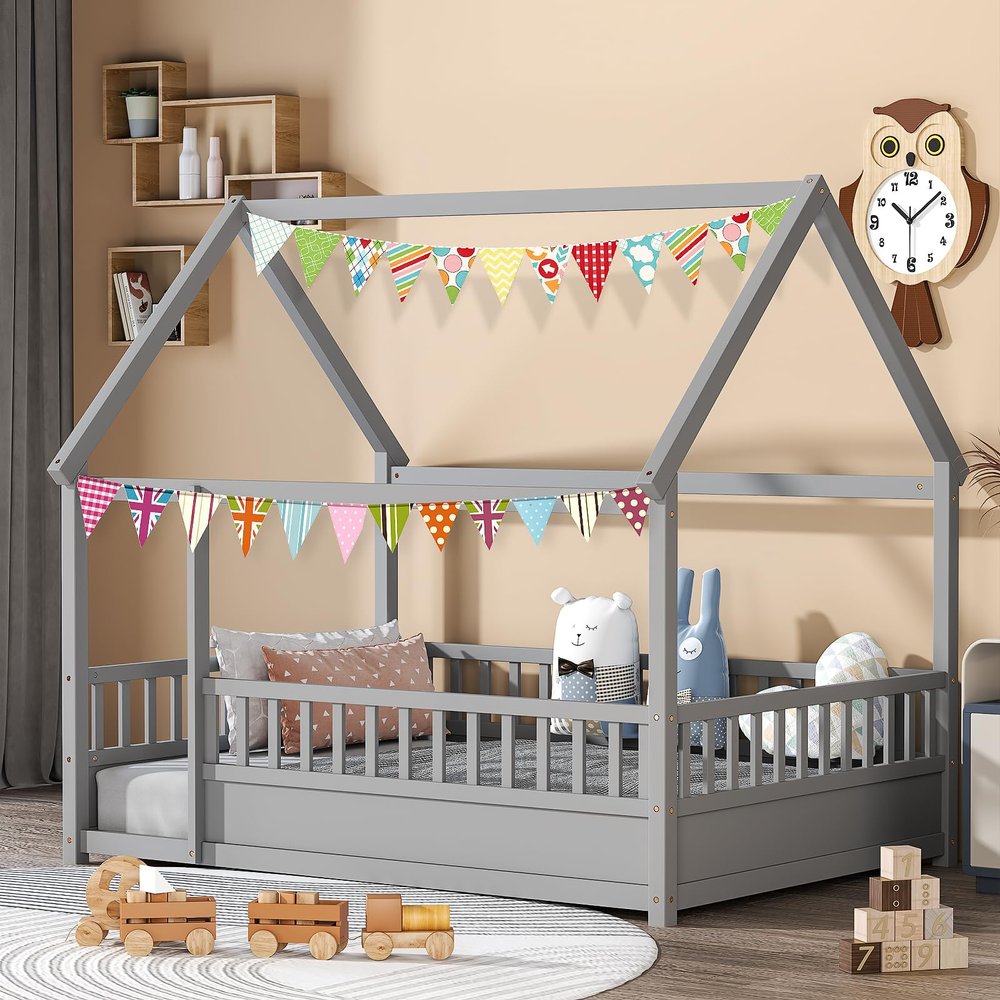 Zevemomo Twin House Bed for Kids, Wooden Montessori Bed with Fence and Roof for Toddlers, Kids Floor Bed Frame for Girls & Boys, Twin Grey