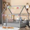 Zevemomo Twin House Bed for Kids, Wooden Montessori Bed with Fence and Roof for Toddlers, Kids Floor Bed Frame for Girls & Boys, Twin Grey view 1