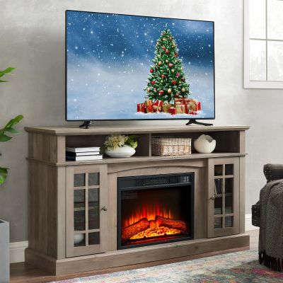 58" Farmhouse TV Stand with 23" Electric Fireplace Heater, Rustic Entertainment Center for TVs up to 65", Multi-Storage Cabinets, Stylish Home Decor for Cozy Living Rooms.(Gray)