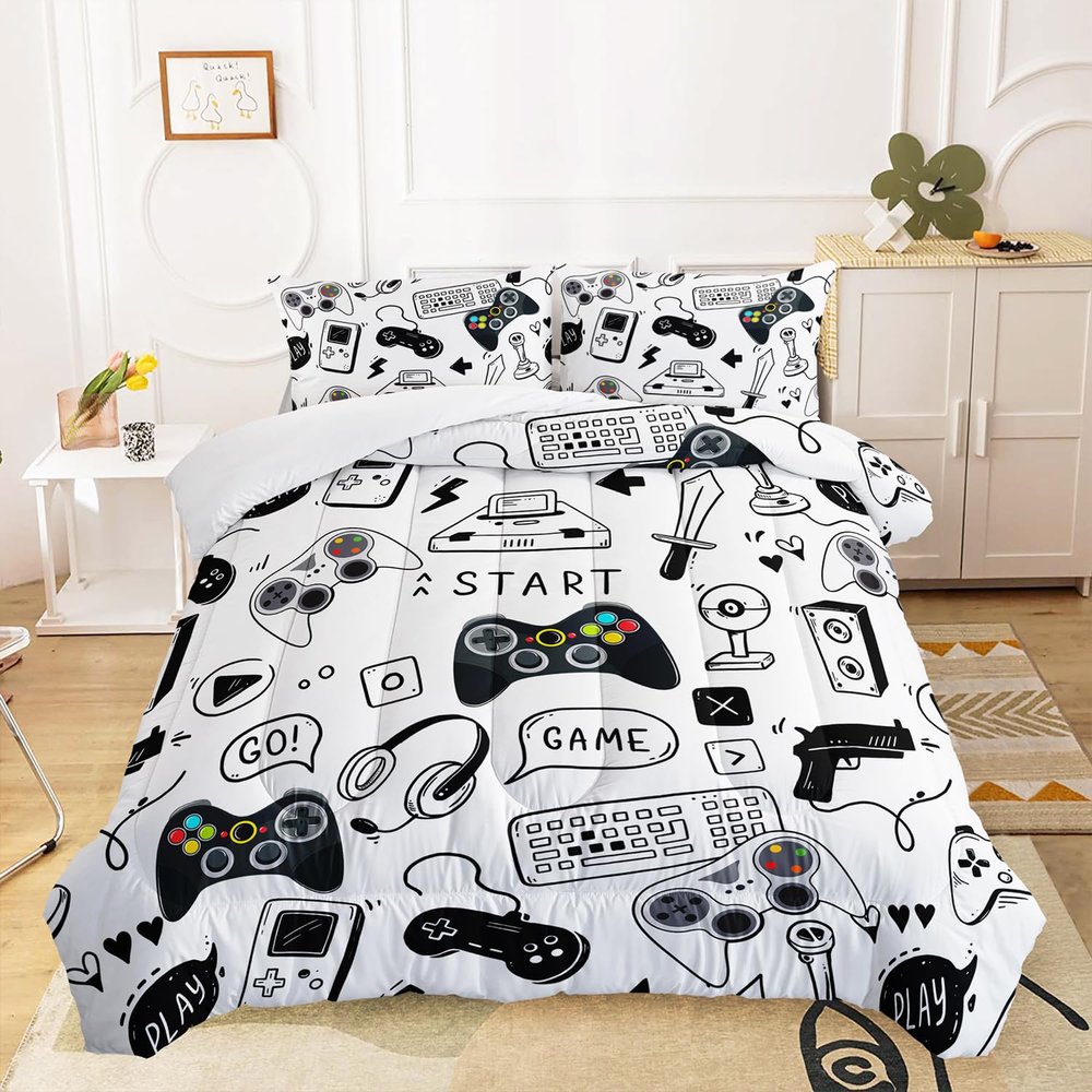 AILONEN Video Game Comforter Set Full Size, Video Gamer Console Joystick Controller Bedding Set,Computer Retro Arcade Play Gaming Comforter Set 3 Pieces, 1 Quilt and 2 Pillowcases