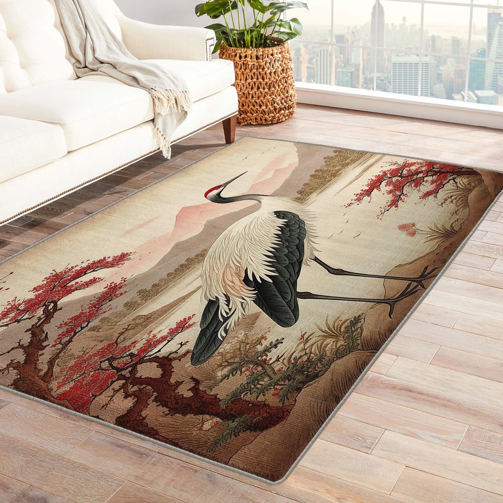 Japanese Rug 4x6 ft, Crane Area Rug, Cherry Blossom Rugs for Living Room Bedroom, Oriental Carpet, Kids Room Decor for Boys Girls, Washable Non Slip Soft Low Pile Indoor Area Rugs