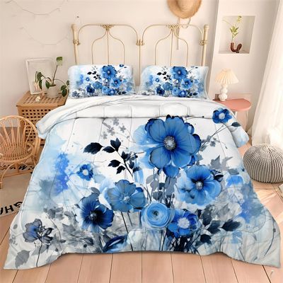 Albideyaa Watercolor Art Blue Flowers Comforter Set for Women Girls Teens 3D Floral Print Full Size Kids Adult Duvet Bedding Set Modern Home Bedroom Decor Quilt Set with 2Pillowcases
