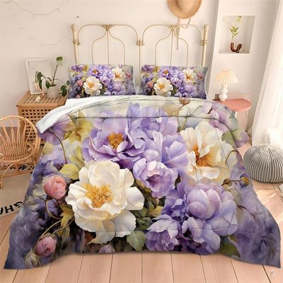 Albideyaa Light Purple Beige Pink 3D Flowers Comforter Set for Twin Size Bed Soft Microfiber Colorful Floral Print Girls Women Bedding Duvet Set Fashion Soft Bedroom Quilt Set with 1Pillowcase