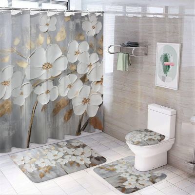 Dunmat 4 Pieces Watercolor Flower Shower Curtain Set Abstract Natural White Painting Bathroom Decor Sets with Rugs Bathroom Accessories Set Bathroom Curtain Shower Set with 12 Hooks