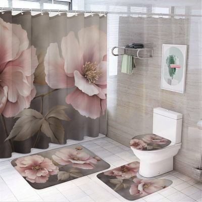 Dunmat 4 Pieces Modern Flowers Shower Curtain Set Pink Plants Vintage Floral Bathroom Decor Sets with Rugs Bathroom Accessories Set Bathroom Curtain Shower Set with 12 Hooks