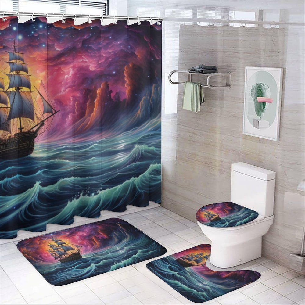 Dunmat 4Pcs Abstract Boat Shower Curtain Sets with Non-Slip Rugs, Toilet Lid Cover and U Shape Bath Mat, Starlight Ocean Landscape Anime Bathroom Sets Waterproof Shower Curtains with 12 Hooks