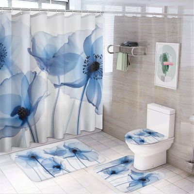 Modern Tulips Shower Curtain Sets for Bathroom, 4 Pieces Blue Flower Pictures Vintage Floral Bathroom Decor Set Waterproof Shower Curtains with 12 Hooks Toilet Lid Rug and Bath Mat