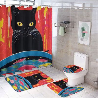 Dunmat 4 Pieces Vintage Cat Shower Curtain Set Fish Bowl Abstract Animal Watercolor Bathroom Decor Sets with Rugs Bathroom Accessories Set Bathroom Curtain Shower Set with 12 Hooks