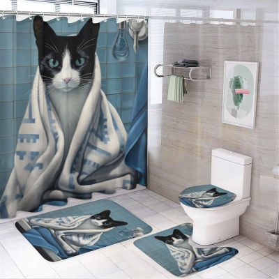 Abstract Cat Shower Curtain Sets for Bathroom, 4 Pieces Cute Fun Animals Modern Bathroom Decor Set Waterproof Shower Curtains with 12 Hooks Toilet Lid Rug and Bath Mat
