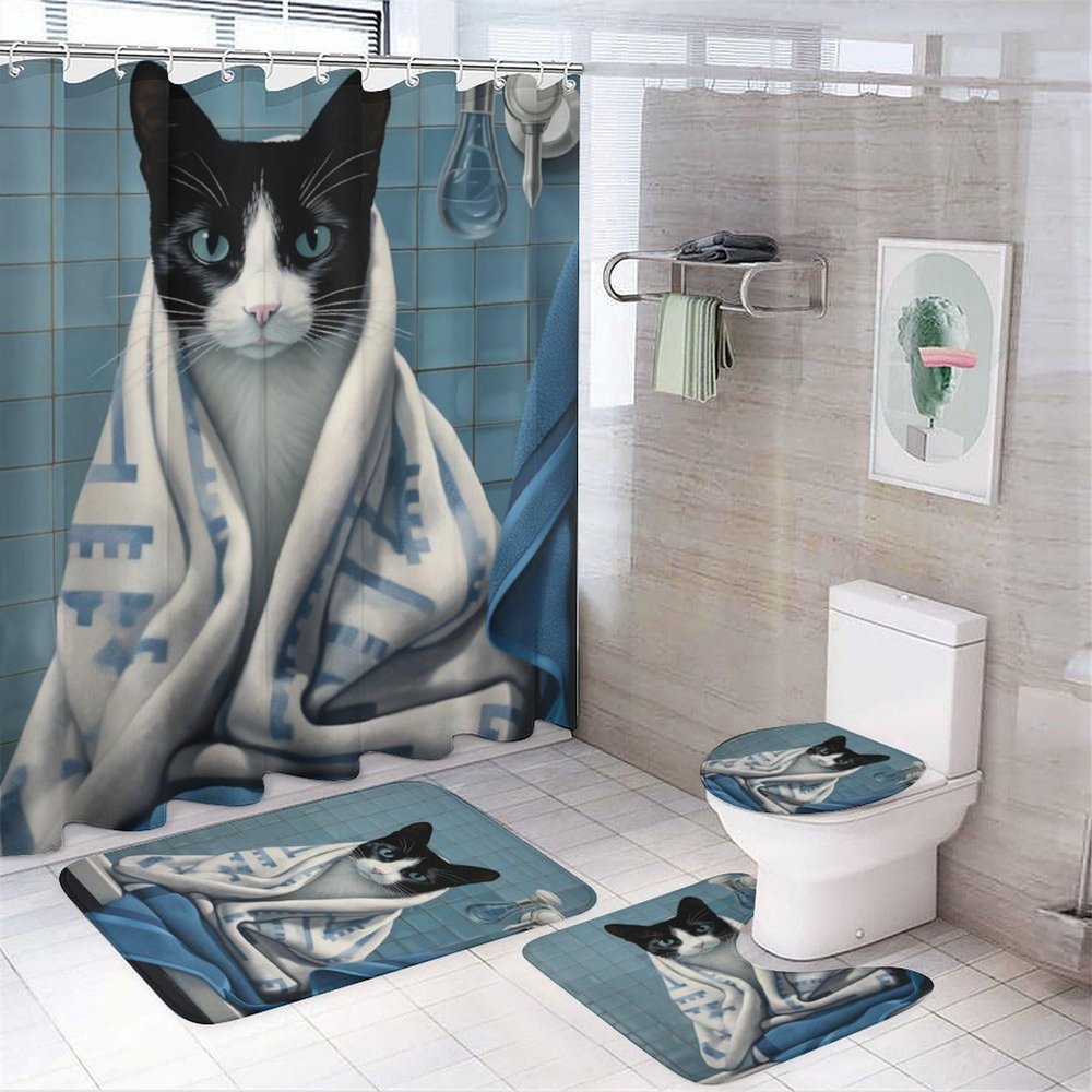 Abstract Cat Shower Curtain Sets for Bathroom, 4 Pieces Cute Fun Animals Modern Bathroom Decor Set Waterproof Shower Curtains with 12 Hooks Toilet Lid Rug and Bath Mat