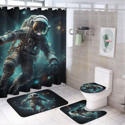 Abstract Astronaut Shower Curtain Sets for Bathroom, 4 Pieces Modern Dreamy Space Landscape Bathroom Decor Set Waterproof Shower Curtains with 12 Hooks Toilet Lid Rug and Bath Mat