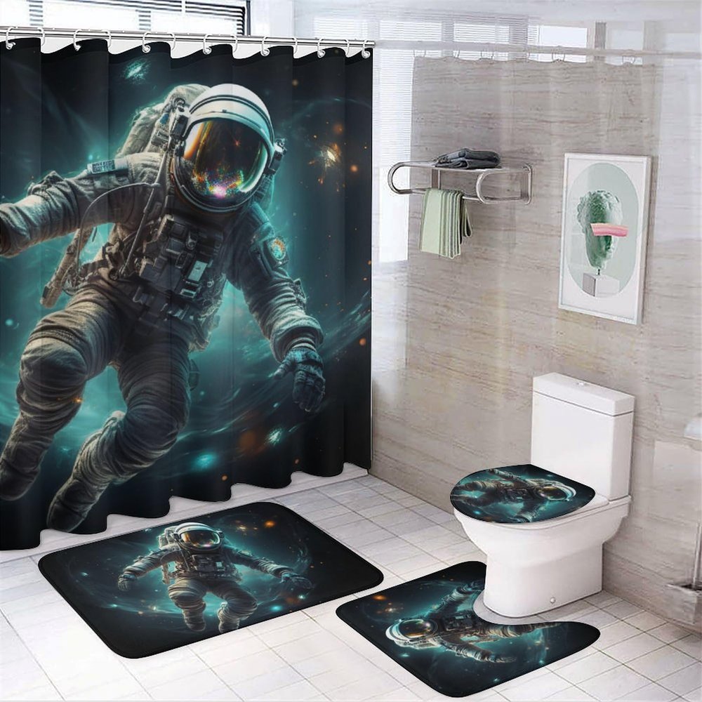 Abstract Astronaut Shower Curtain Sets for Bathroom, 4 Pieces Modern Dreamy Space Landscape Bathroom Decor Set Waterproof Shower Curtains with 12 Hooks Toilet Lid Rug and Bath Mat