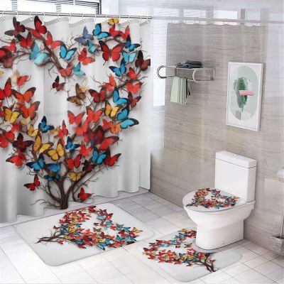 Dunmat 4 Pieces Heart Shaped Tree Shower Curtain Set Colorful Branch Butterfly Animal Bathroom Decor Sets with Rugs Bathroom Accessories Set Bathroom Curtain Shower Set with 12 Hooks