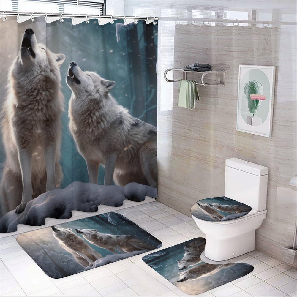 Dunmat Modern Winter Wolves Shower Curtain Sets with Rugs Toilet Lid Cover and Bath Mat Howling Snowy Animals Rustic Shower Curtains with 12 Hooks Waterproof 4 Piece Bathroom Decor Set