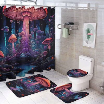 Dunmat Fantasy Mushroom Shower Curtain Sets with Rugs Toilet Lid Cover and Bath Mat Colorful Fairy Tale Glowing Forest Shower Curtains with 12 Hooks Waterproof 4 Piece Bathroom Decor Set