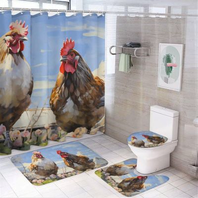 Rustic Natural Chickens Shower Curtain 4 Piece Sets with Non-Slip Rugs,Toilet Lid Cover And Bath Mat Floral Farm Colorful Animal Abstract Waterproof Shower Curtain with 12 Hooks Bathroom Set Home Deco