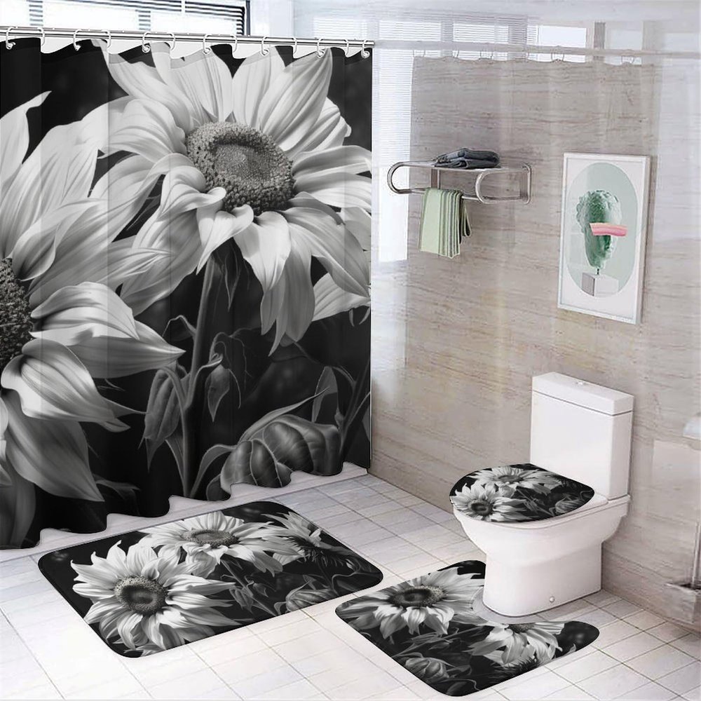 Dunmat Modern Black White Sunflowers Shower Curtain Sets for Bathroom, 4 Pieces Nature Wildflower Retro Bathroom Decor Set Waterproof Shower Curtains with 12 Hooks Toilet Lid Rug and Bath Mat