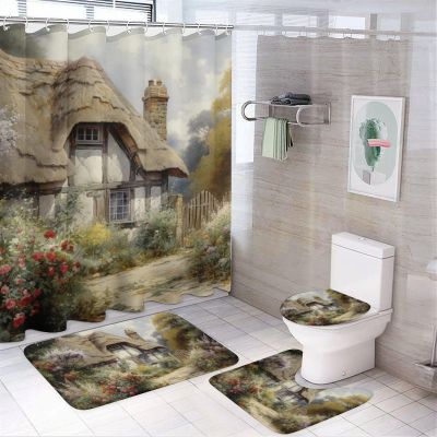 Dunmat 4 Pieces Vintage Farmhouse Shower Curtain Set Rustic Cottage Farmhouse Bathroom Decor Sets with Rugs Bathroom Accessories Set Bathroom Curtain Shower Set with 12 Hooks