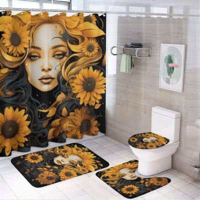 Colorful Flower Woman Shower Curtain 4 Piece Sets with Non-Slip Rugs,Toilet Lid Cover and Bath Mat Yellow Plants Modern Waterproof Shower Curtain with 12 Hooks Bathroom Set Home Decor