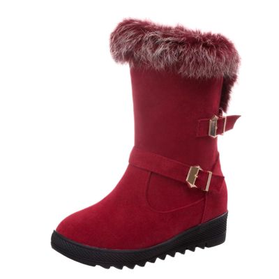 ZBYY Women's Winter Fur Snow Boots Mid Wide Calf Buckle Platform Slip On Warm Snow Boot Mid-Calf Fashion Booties