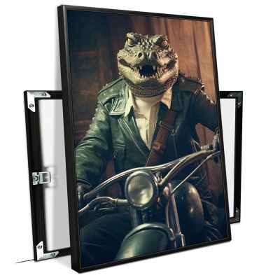 Funny Original Crocodile Learning to Ride Motorcycle Bathroom Decor Wall Art King Size (Black Aluminum L36"xW24" Frame) Prints Painting , Vintage Black and White Rustic Style Cute Animals Canvas Art Poster for Restroom Decoration, Farmhouse Wall Deco