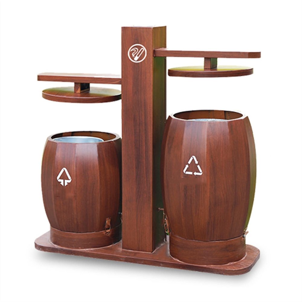 GLigeT Garbage Cans Wood Grain Trash Can Chinese Outdoor Park Classification Trash Can Outdoor Trash Box Courtyard Antique Creative Double-Barrel Trash Can Outside Trash Bin