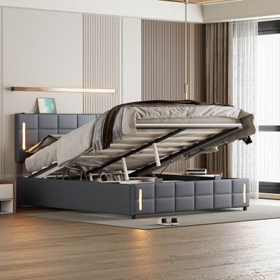 Bekeknlny Full Size Upholstered Bed with Hydraulic Storage System and LED Light,Linen Storage Bed for Kids Teens,No Box Spring Needed (Gray/Linen#A, Full)