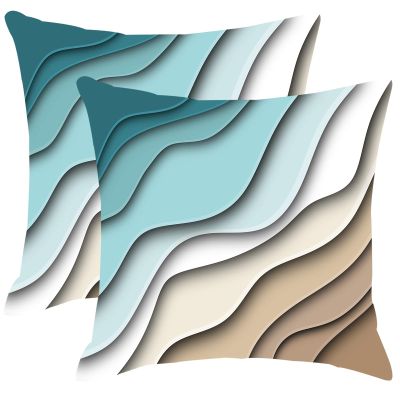 Blue Teal and Grey Boho Throw Pillow Covers 16x16 Set Of 2 Summer Outdoor Abstract Stripe Pillows Cover Mid Century Modern Decorative Pillow Case Farmhouse Cushion Cover for Home Couch Bed Sofa Decor
