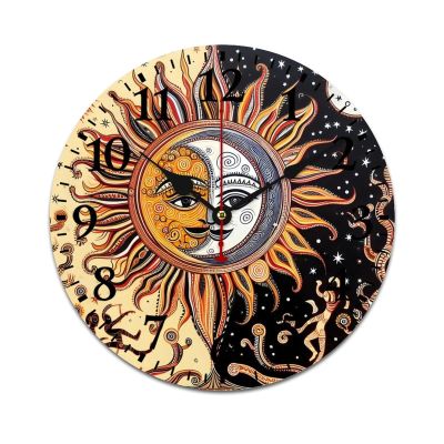 Qchaor 23.6in Battery Round Wooden Wall Clock Mexican Folk Sun and Moon Paint Non-Ticking Silent Clock- Mexican Style Decorative for Living Room, Kitchen, Home,Bathroom, Bedroom, Laundry Room