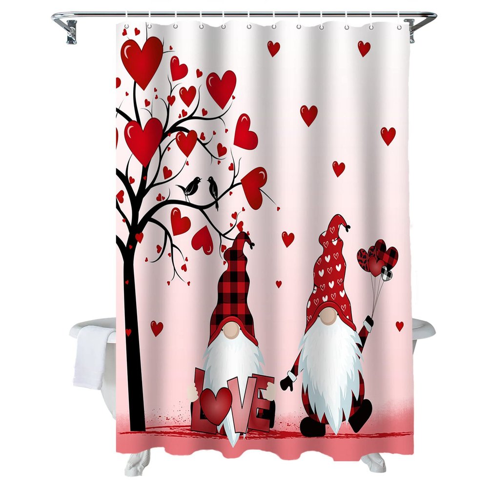 ALAGEO Valentine's Day Shower Curtain Gnomes Love Heart Shower Curtains for Bathroom Decor Lover Bird Bath Curtains Sets with Hooks for Valentines Day Home Decor Waterproof Standard Size 72 x 72
