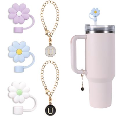 3pcs 10mm Flower Straw Topper for Stanley Straw Cover 40 oz 30 oz + 2pcs Letter Chain Charm for Stanley Tumblers with Handle for Stanley Cup Accessories Food Grade Silicone Straw Cap Tips Cover