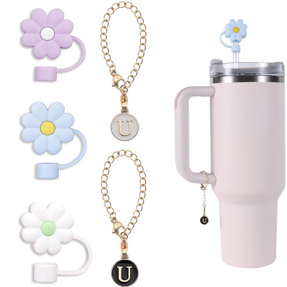 3pcs 10mm Flower Straw Topper for Stanley Straw Cover 40 oz 30 oz + 2pcs Letter Chain Charm for Stanley Tumblers with Handle for Stanley Cup Accessories Food Grade Silicone Straw Cap Tips Cover