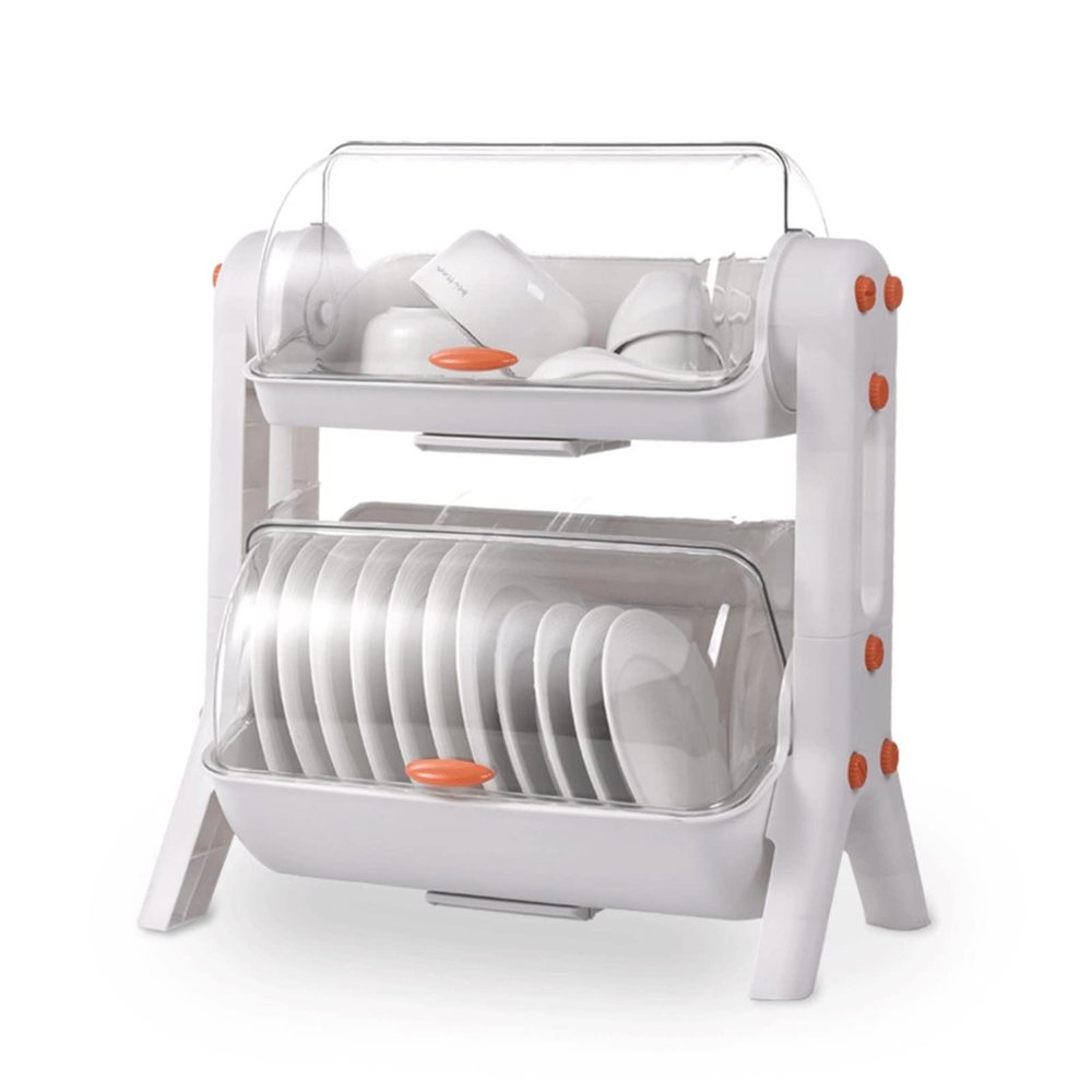 CARUTU Dish Drying Rack, 2-Tier Draining Rack for Kitchen Counter, Large Capacity Dish Organizer with Lid, for Kitchen Counter Cabinet